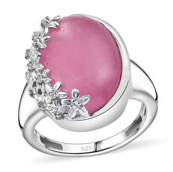 pink jade and white zircon floral ring in rhodium over sterling silver