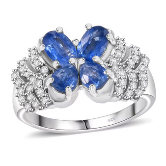 kyanite and white zircon butterfly ring in rhodium over sterling silver