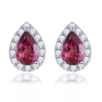 pink tourmaline and white zircon pear halo earrings in rhodium over sterling silver