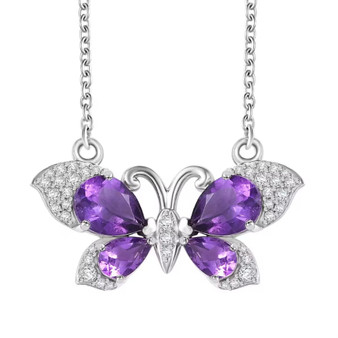 amethyst and white zircon butterfly necklace in rhodium over sterling silver