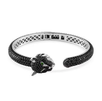 black spinel and chrome diopside panther cuff bracelet in black and white rhodium over sterling silver