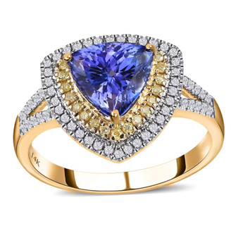 tanzanite yellow and white diamond trillion halo ring in 14k yellow gold