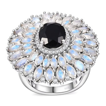 black jade moonstone and zircon flower cluster ring in rhodium over sterling silver