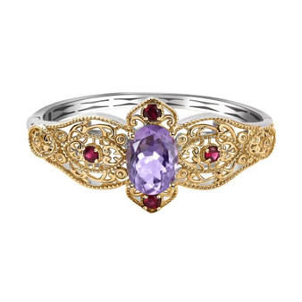 rose de france amethyst and rhodolite garnet bangle bracelet in 18k yellow gold and rhodium over sterling silver