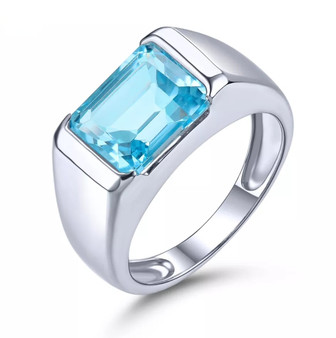 sky blue topaz and emerald cut solitaire mens ring in rhodium over sterling silver