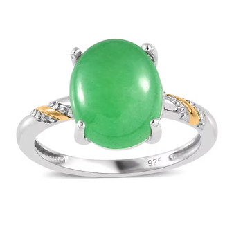 green jade oval two-tone solitaire ring in 18k yellow gold and rhodium over sterling silver
