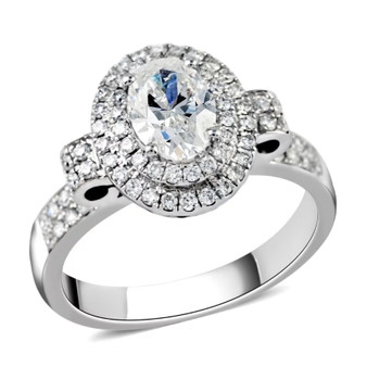 oval diamond halo engagement ring in 18k white gold