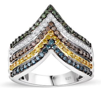 multi color diamond chevron ring in rhodium over sterling silver