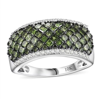 green and white diamond cluster band ring in 10k white gold front