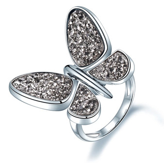 silver druzy quartz butterfly ring in rhodium over sterling silver