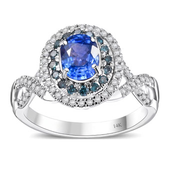 ceylon blue sapphire blue and white diamond double halo infinity shank ring in solid 14k white gold