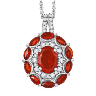 fire opal and white zircon cluster pendant necklace in rhodium over sterling silver