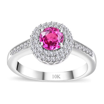 pink sapphire and diamond round double halo ring in 10k white gold