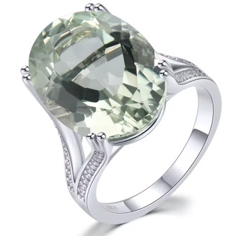 18x13mm oval prasiolite and white zircon rhodium over sterling silver solitaire split shank ring