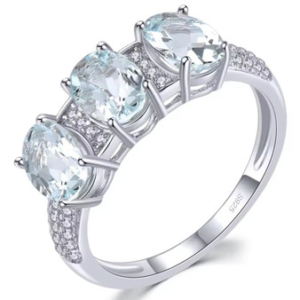 aquamarine and white zircon rhodium over sterling silver trilogy ring