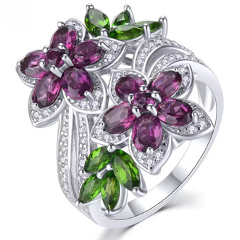 rhodolite garnet chrome diopside and white zircon rhodium over sterling silver flower cluster bypass ring