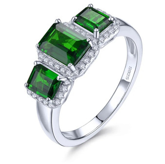 chrome diopside and white zircon halo trilogy ring in rhodium over sterling silver