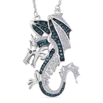 blue and white diamond dragon necklace in rhodium over sterling silver