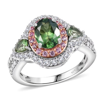 green apatite pink sapphire and zircon halo three stone ring in 18k rose gold and rhodium over sterling silver