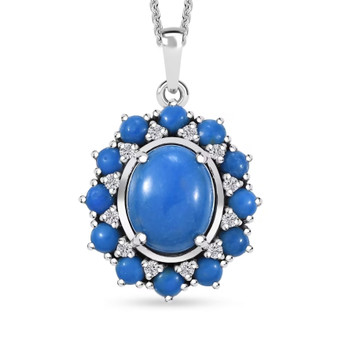 ceruleite and moissanite oval halo pendant necklace in rhodium over sterling silver
