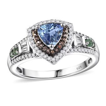 unheated tanzanite tsavorite brown and white zircon trillion halo ring in rhodium over sterling silver
