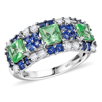 multi color lab grown sapphire cluster rhodium over sterling silver band ring