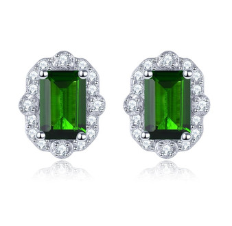 emerald cut chrome diopside and white zircon halo stud earrings in rhodium over sterling silver