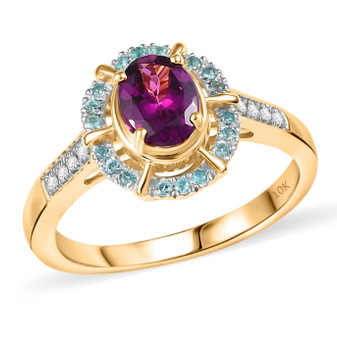 rhodolite paraiba and diamond 10k yellow gold halo ring in 10k yellow gold front
