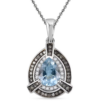 aquamarine champagne and white diamond halo necklace in rhodium over sterling silver