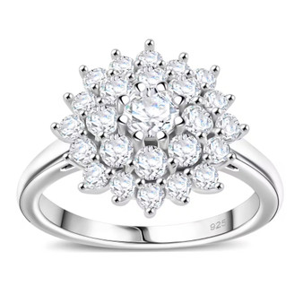 round moissanite cluster ring in rhodium over sterling silver