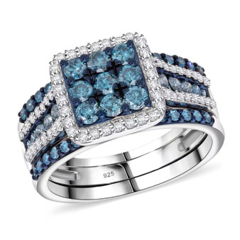 blue and white diamond three ring set in rhodium over sterling silver