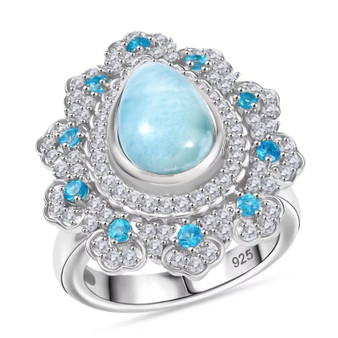larimar neon apatite and white zircon halo ring in rhodium over sterling silver