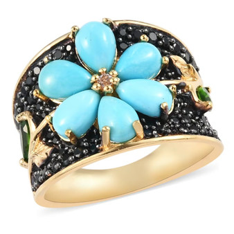 turquoise black spinel chrome diopside and zircon flower ring in 18k yellow gold over sterling silver