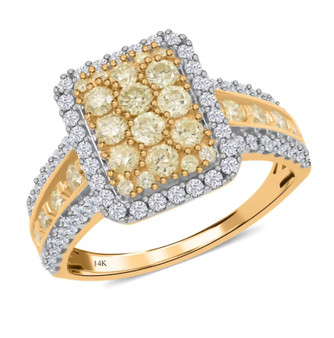 yellow and white diamond cluster halo ring in 14k yellow gold