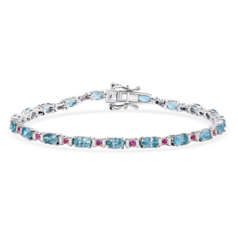 blue zircon pink sapphire and moissanite tennis bracelet in rhodium over sterling silver