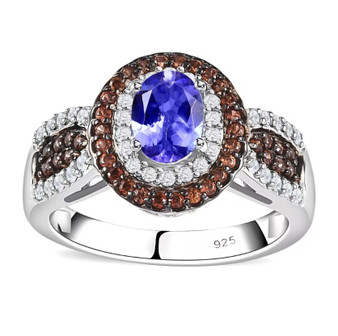 tanzanite brown and white zircon halo ring in rhodium over sterling silver