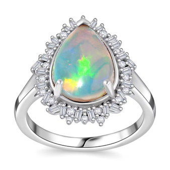 pear ethiopian opal and diamond halo rhodium over sterling silver ring