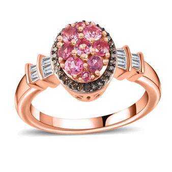 mahenge pink spinel brown and white diamond cluster ring in 18k rose gold and black and white rhodium over sterling silver