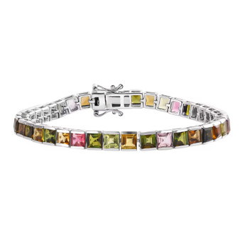 square cut multi tourmaline tennis bracelet in rhodium over sterling silver