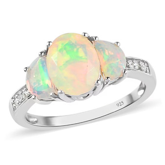 ethiopian opal and zircon three stone ring in rhodium over sterling silver