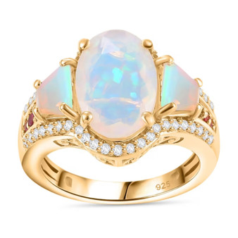 ethiopian opal rubellite tourmaline and zircon three stone ring in 18k yellow gold over sterling silver