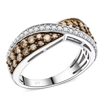 champagne and white diamond crossover band ring in rhodium over sterling silver