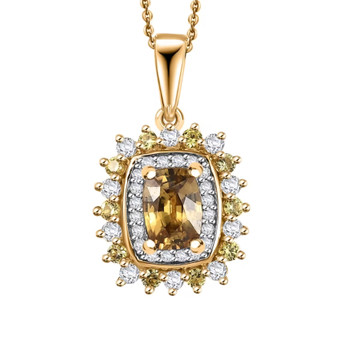 yellow zircon yellow sapphire and white zircon cushion halo necklace in 18k yellow gold over sterling silver