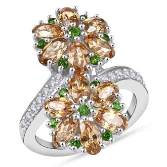 yellow zircon chrome diopside and white zircon floral cluster bypass ring in rhodium over sterling silver