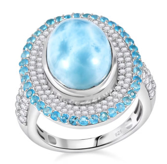 oval larimar neon apatite and white zircon halo ring in rhodium over sterling silver