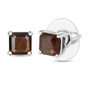 chocolate sapphire emerald cut stud earrings in rhodium over sterling silver