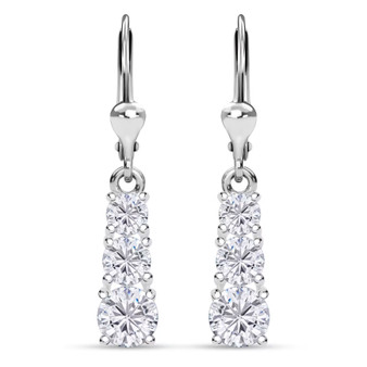back view of lab white sapphire three stone drop lever back earrings in rhodium over sterling silver
