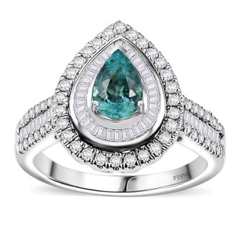 paraiba tourmaline and diamond pear double halo ring in 950 platinum