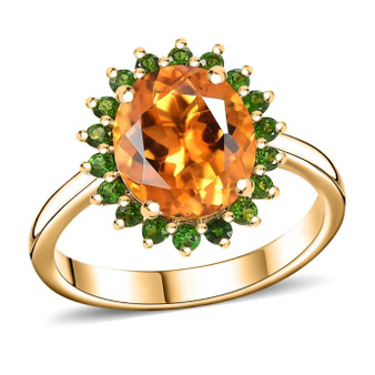 citrine and chrome diopside oval halo 10k yellow gold ring front