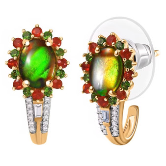ammolite fire opal diopside and zircon halo j-hoop earrings in 18k yellow gold over sterling silver